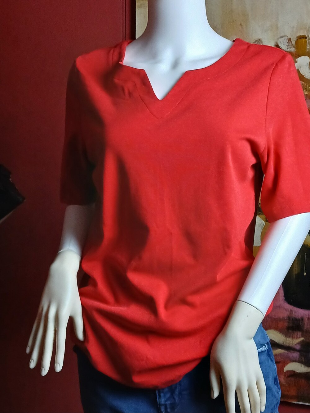 Red V-Notch Short Sleeve Women's Top